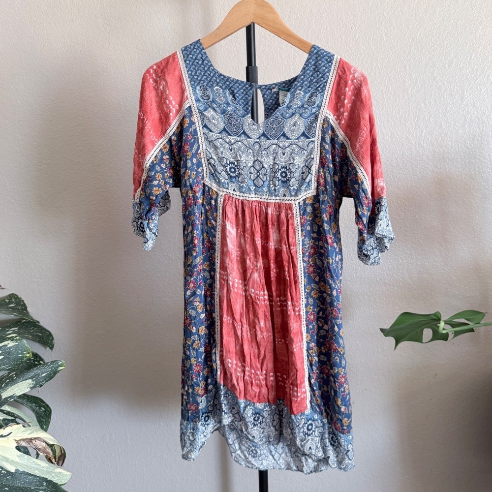 Sundance Womens Small Blue Pink Patchwork Mixed Print Boho Mini Dress Paisley